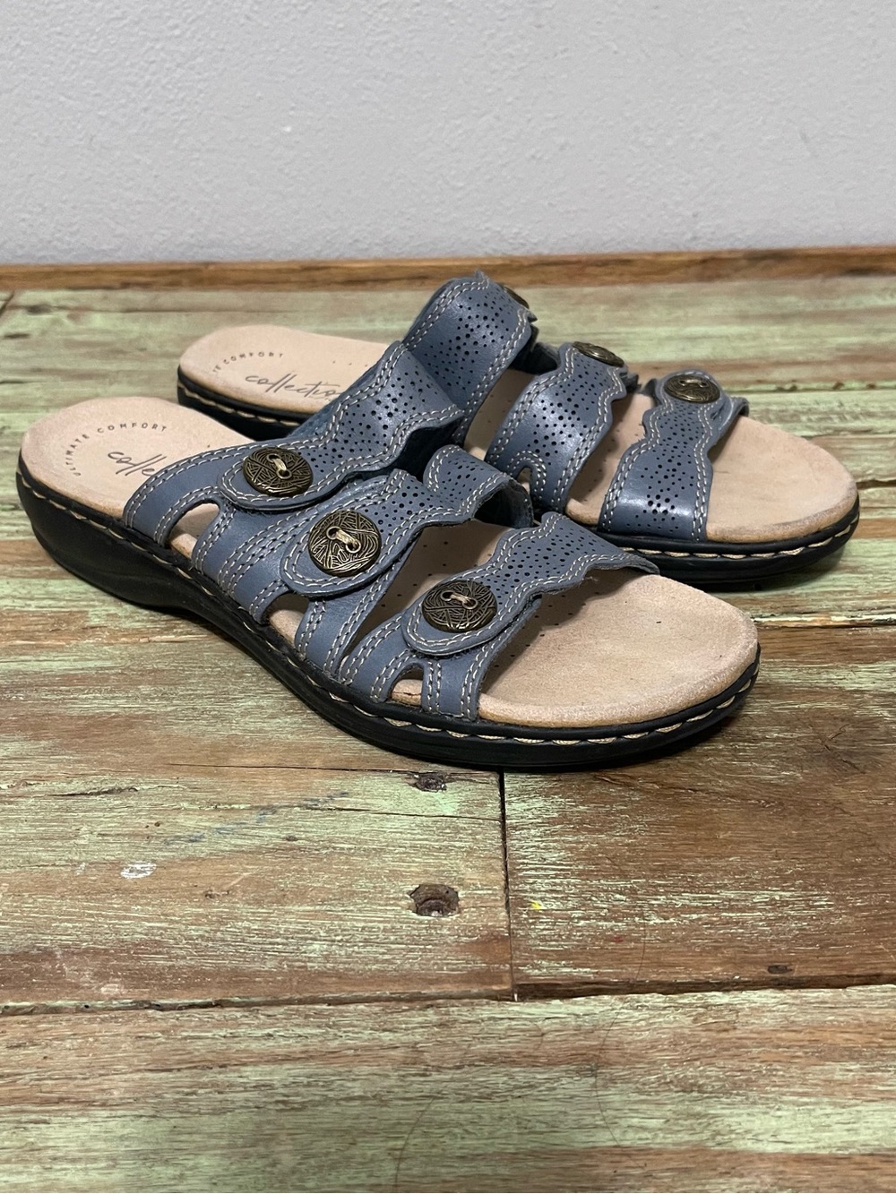 Clarks Collection Triple Strap Comfort Sandals Blue Summer Womens 7N